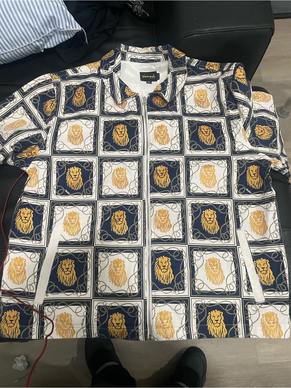 Diamond Supply Co. Navy, White & Gold Lion-Print Button-Up Shirt